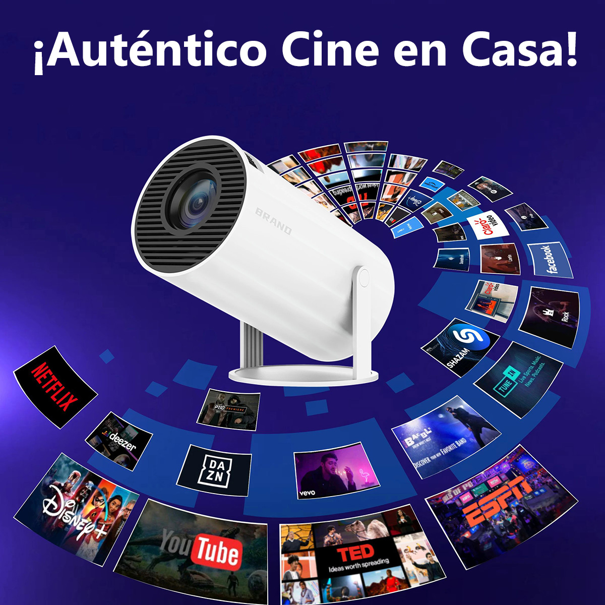 Un proyector blanco está rodeado de logotipos de aplicaciones e iconos de medios, contra un fondo azul. El texto superior dice '¡Cine Auténtico en Casa!'