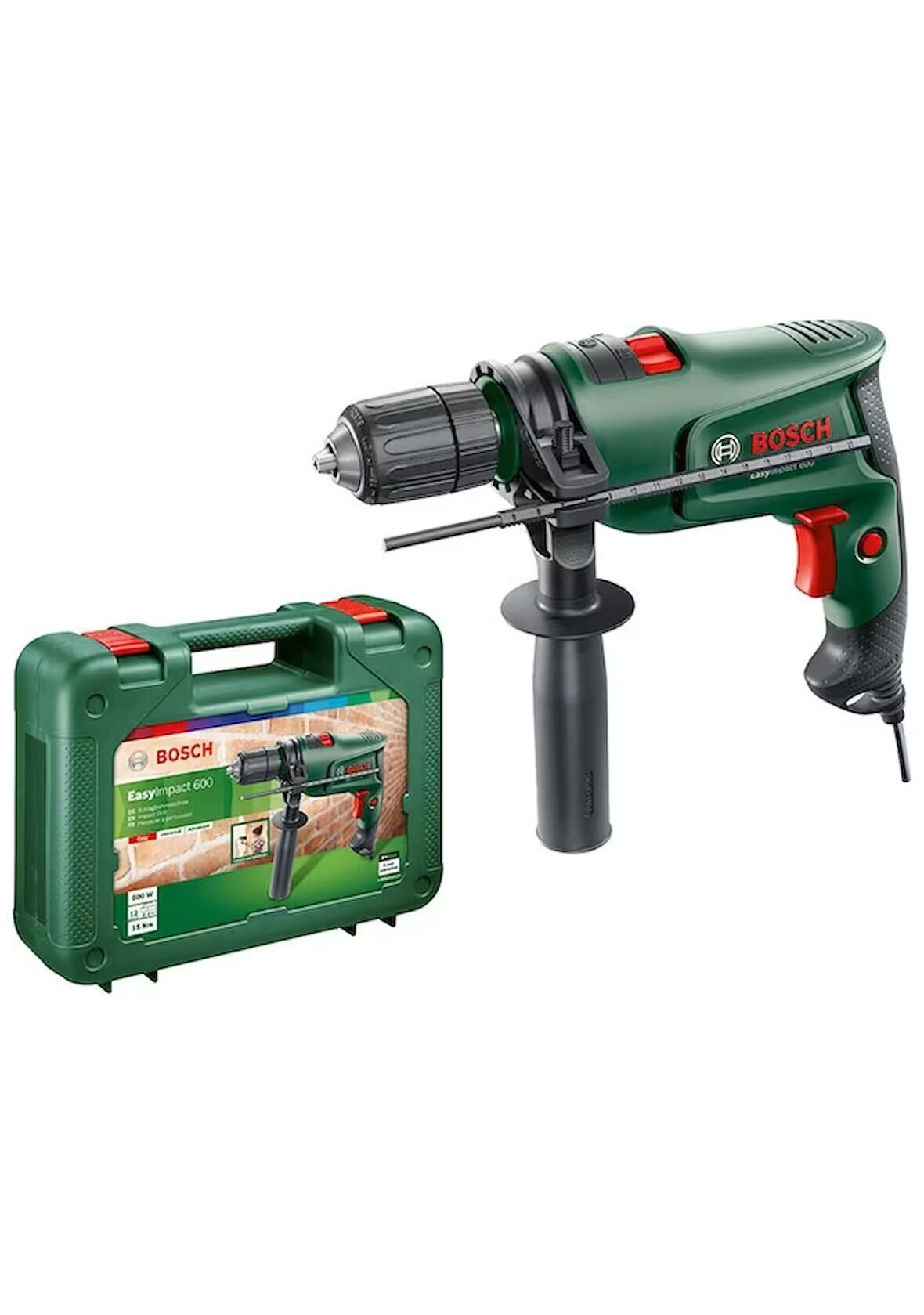 Un taladro verde Bosch EasyImpact 600 y su estuche sobre fondo blanco. El taladro es verde con detalles rojos.