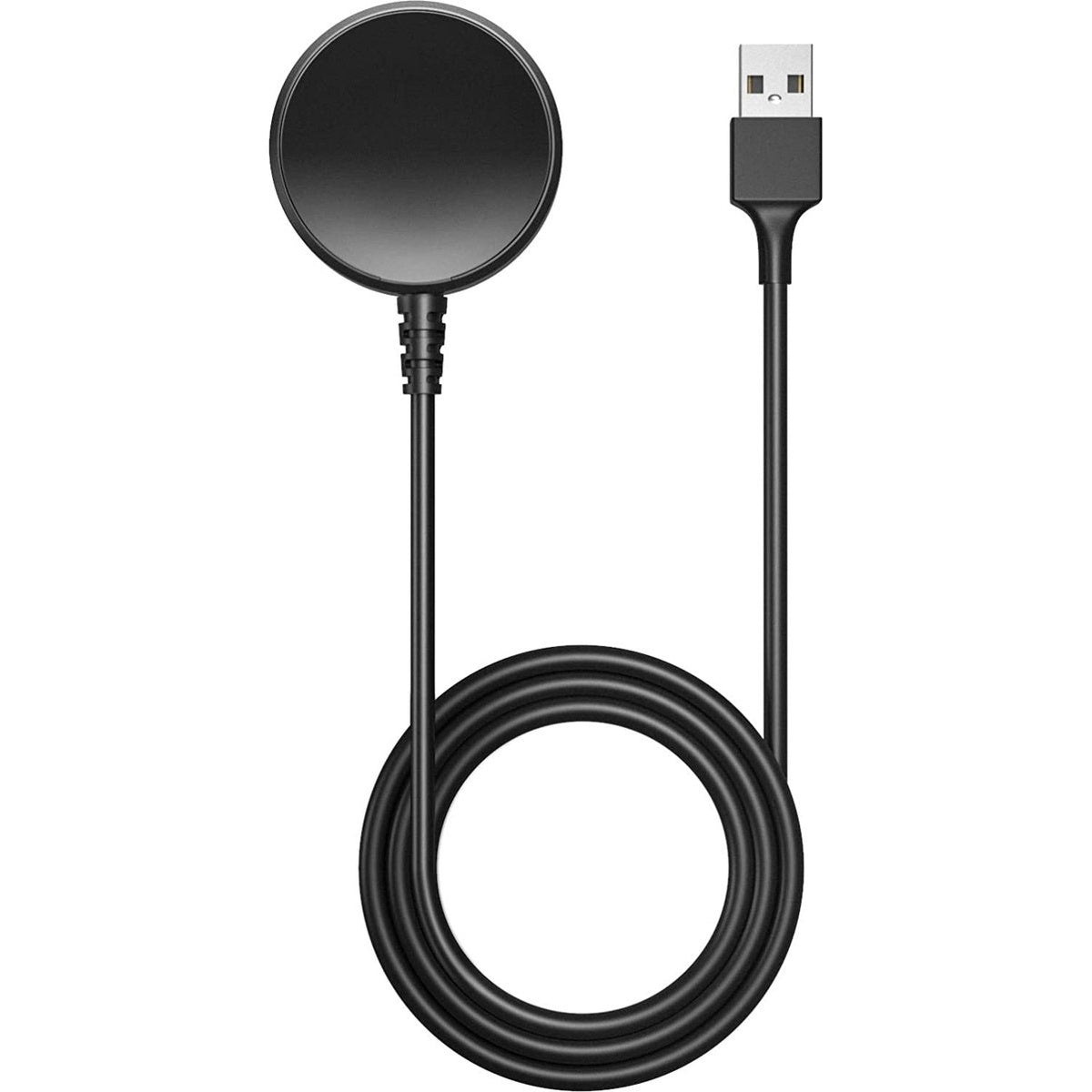Een zwarte cirkelvormige horlogelader met een kabel die eindigt in een USB-connector. De kabel is opgerold.