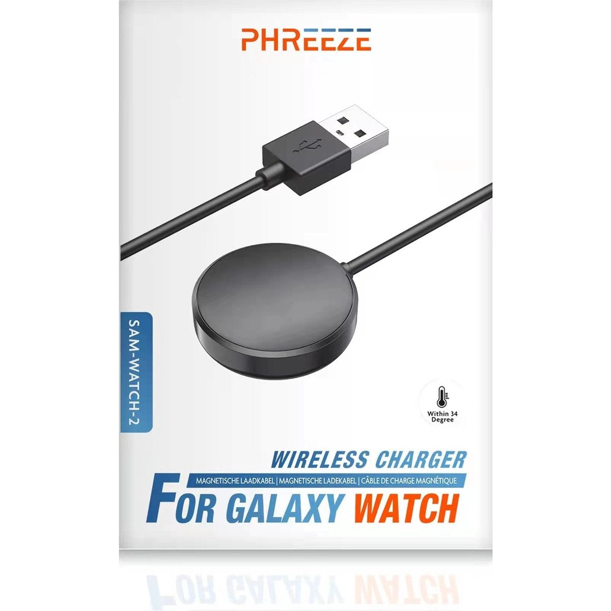 Een draadloze oplader voor Galaxy Watch, met zwart oplaadpad en USB-kabel, met de merknaam PHREEZE zichtbaar.