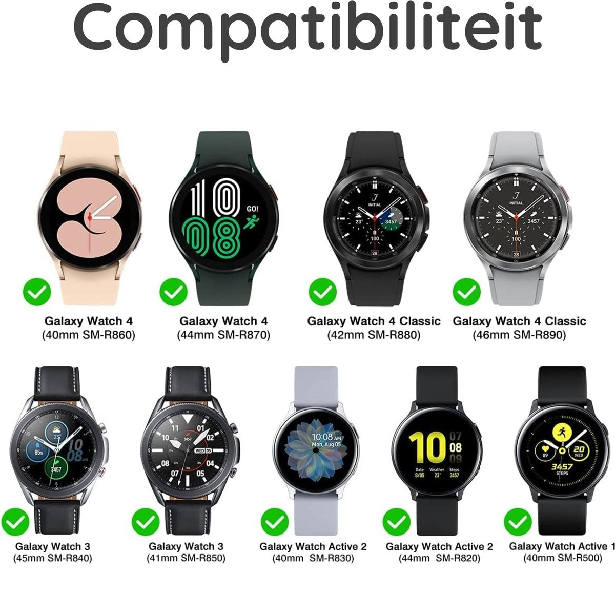De afbeelding toont acht Samsung Galaxy smartwatches met hun namen en maten. Elk horloge wordt weergegeven met een groene vink.