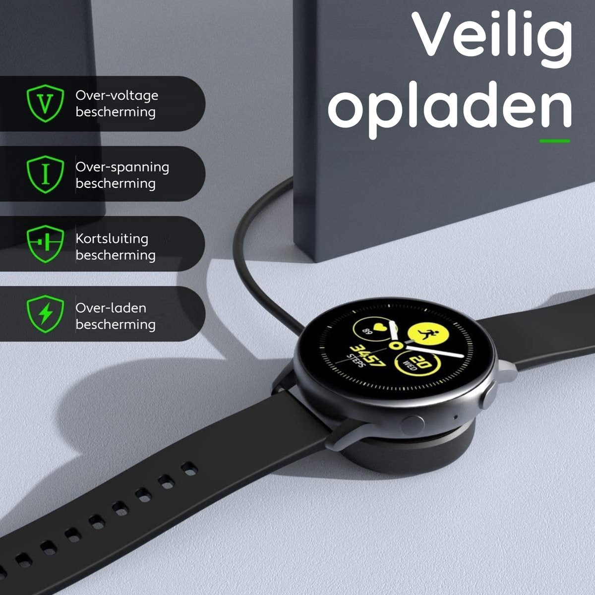 Een smartwatch laadt op een zwart oplaadstation. Nederlandse tekst: 'Veilig opladen'. Pictogrammen tonen beschermingsfuncties.