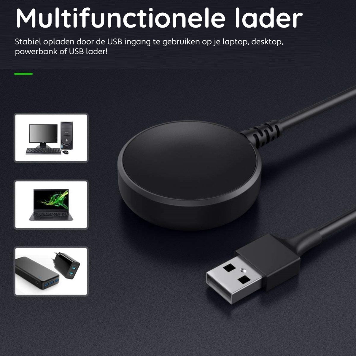 Een zwarte cirkelvormige oplader met een USB-kabel. Afbeeldingen van een computer, laptop en powerbank worden getoond. Tekst: Multifunctionele lader.
