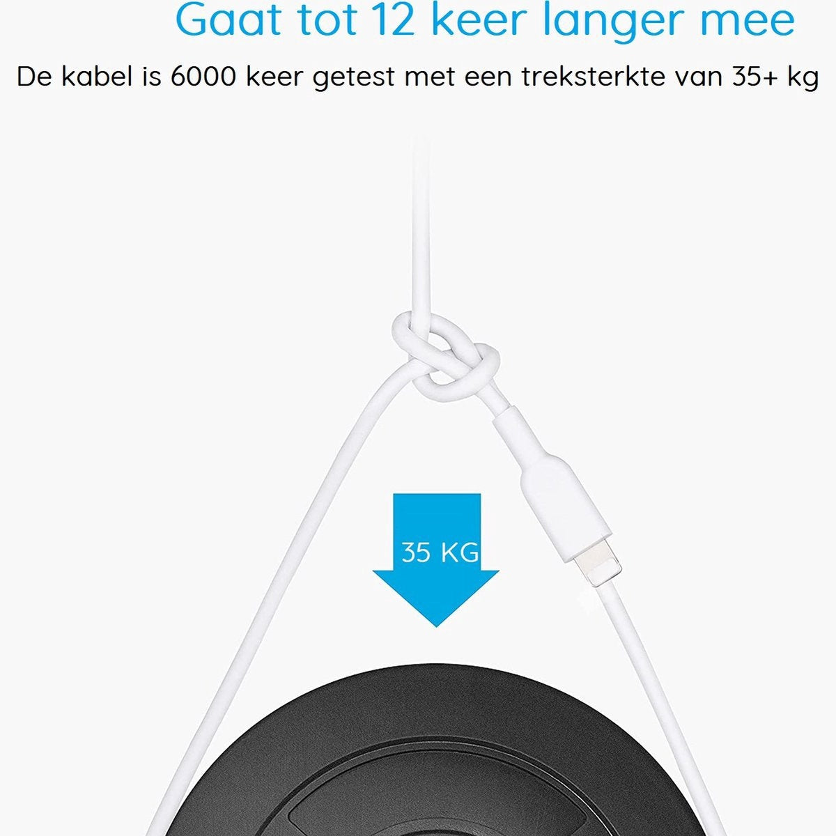 Witte kabel met knoop, blauwe pijl naar beneden en zwart object. Tekst zegt dat de kabel is getest met 35+ kg.