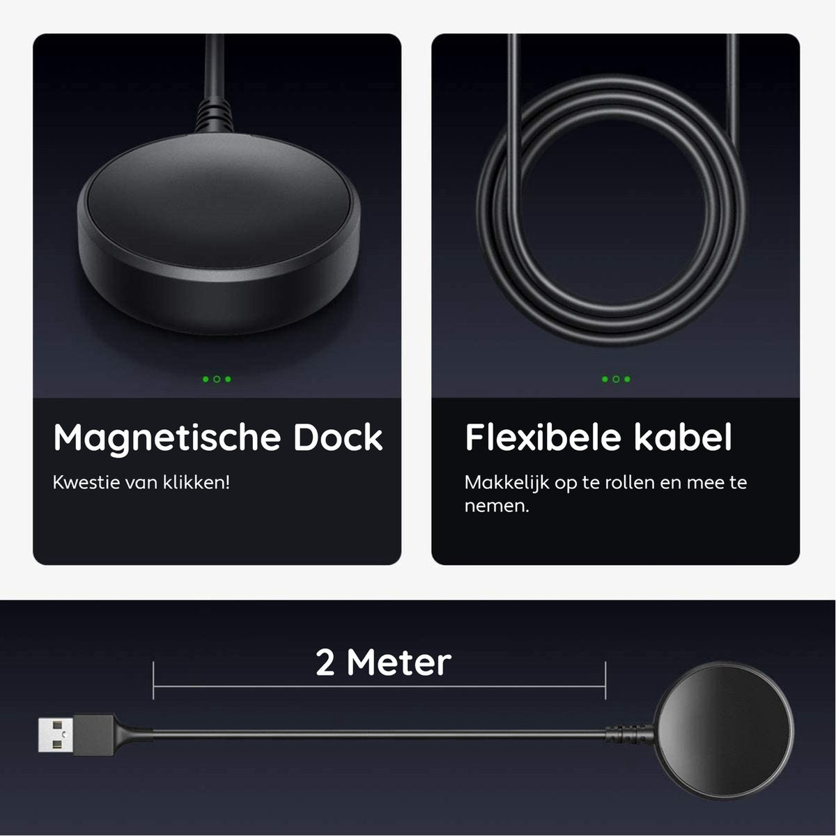 Afbeelding toont een magnetisch dock en een flexibele kabel. Een kabel van 2 meter is ook afgebeeld. De items zijn zwart en op een donkere achtergrond.