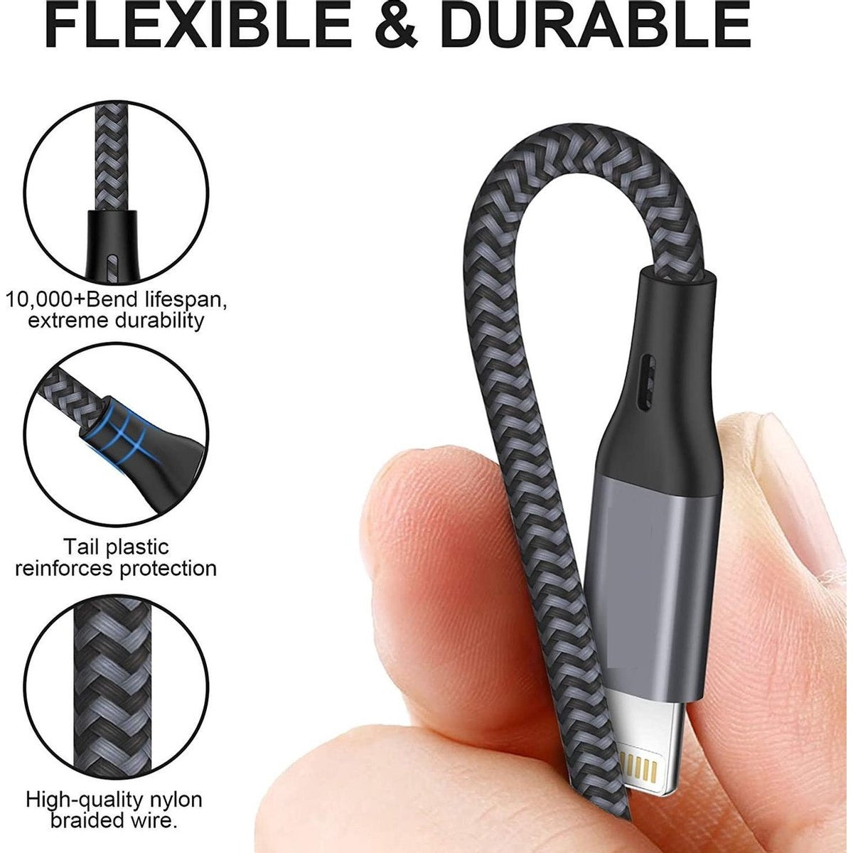 Een hand houdt een gevlochten USB-C-kabel vast. De kabel heeft grijze en zwarte patronen. Tekst benadrukt flexibiliteit en duurzaamheid, met close-ups.