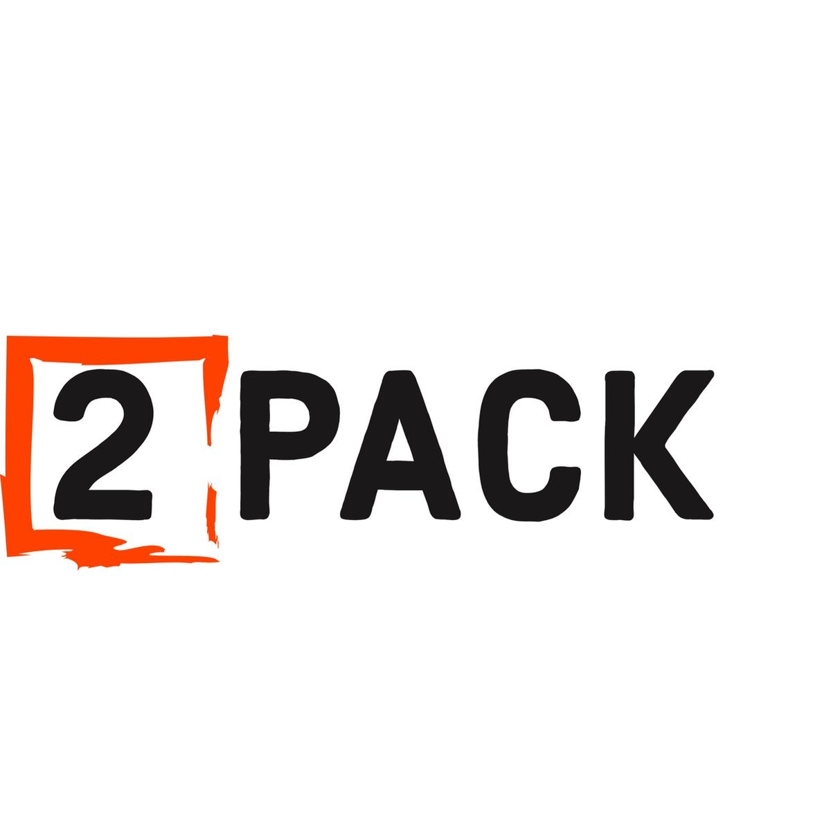 De woorden "2 PACK" in zwart lettertype. Het cijfer 2 is ingesloten in een oranje vierkant. Witte achtergrond.