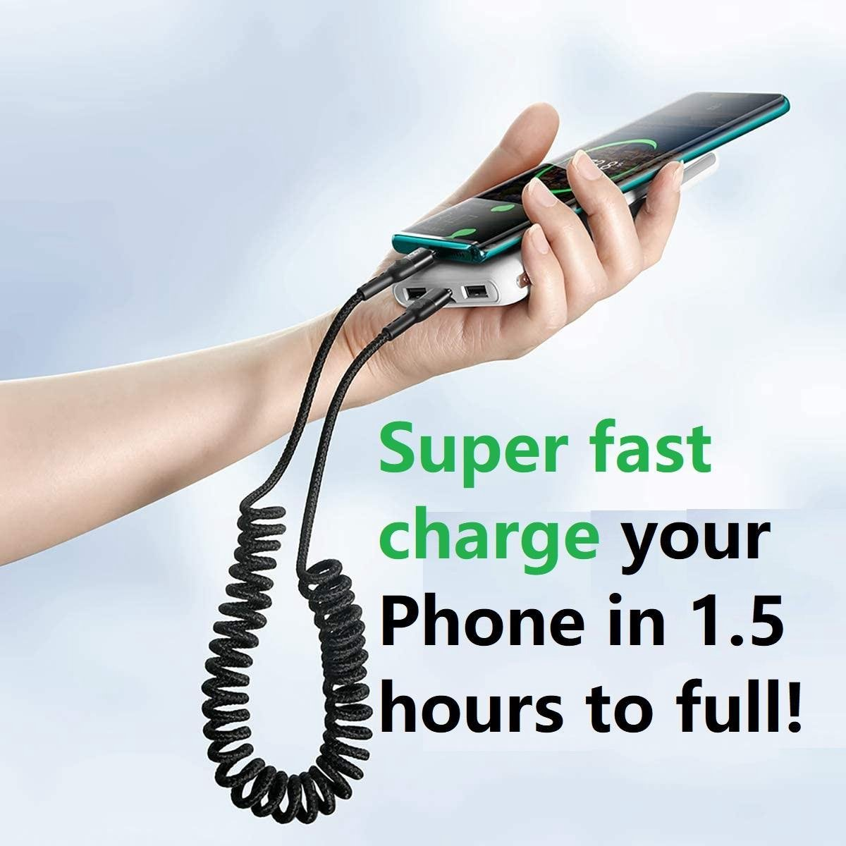 A hand holds a phone charging from a power bank via black coiled cables. Text says 'Super fast charge your phone in 1.5 hours'.
