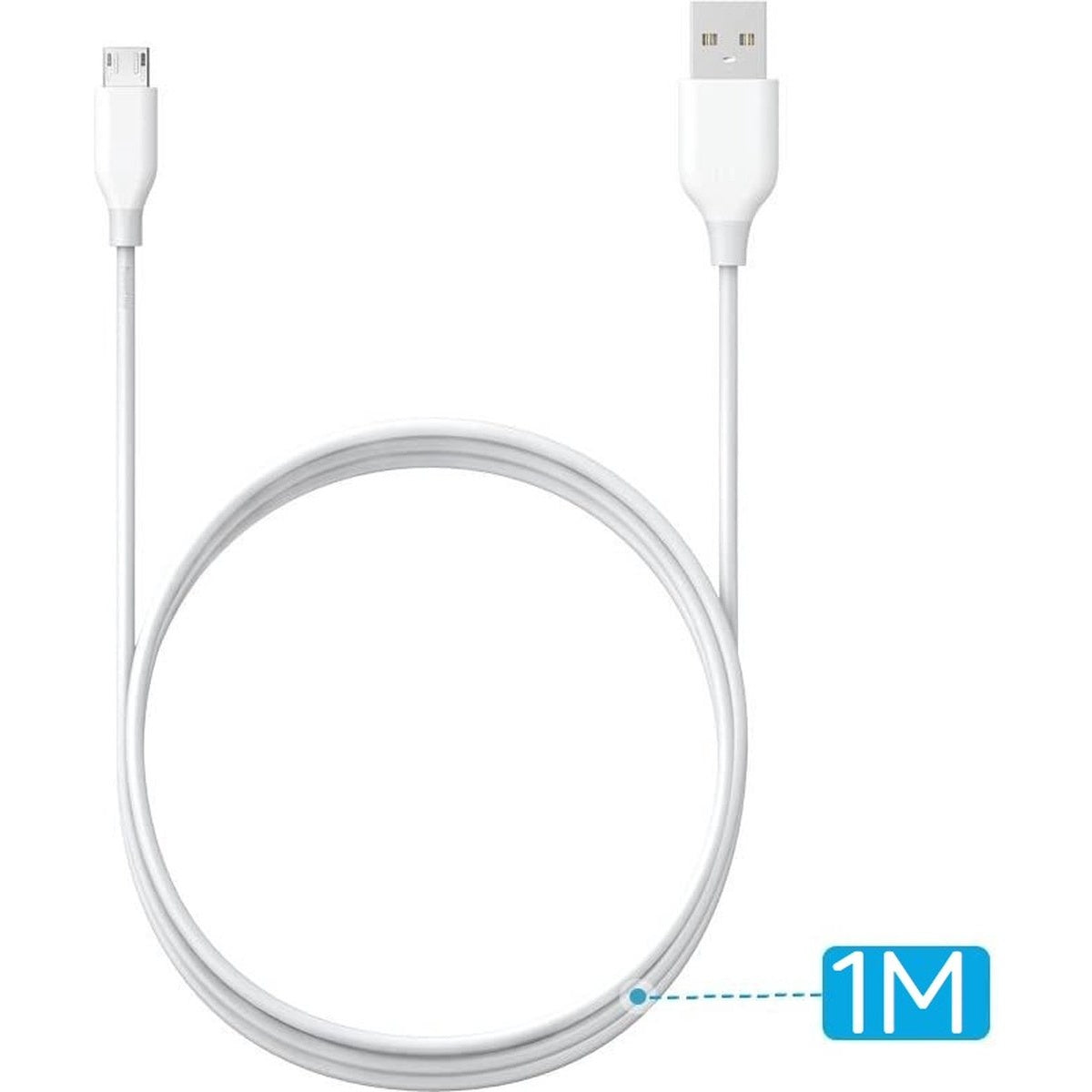 A white USB charging cable with connectors at each end, cable forms a large loop. A blue box with "1M" on it.