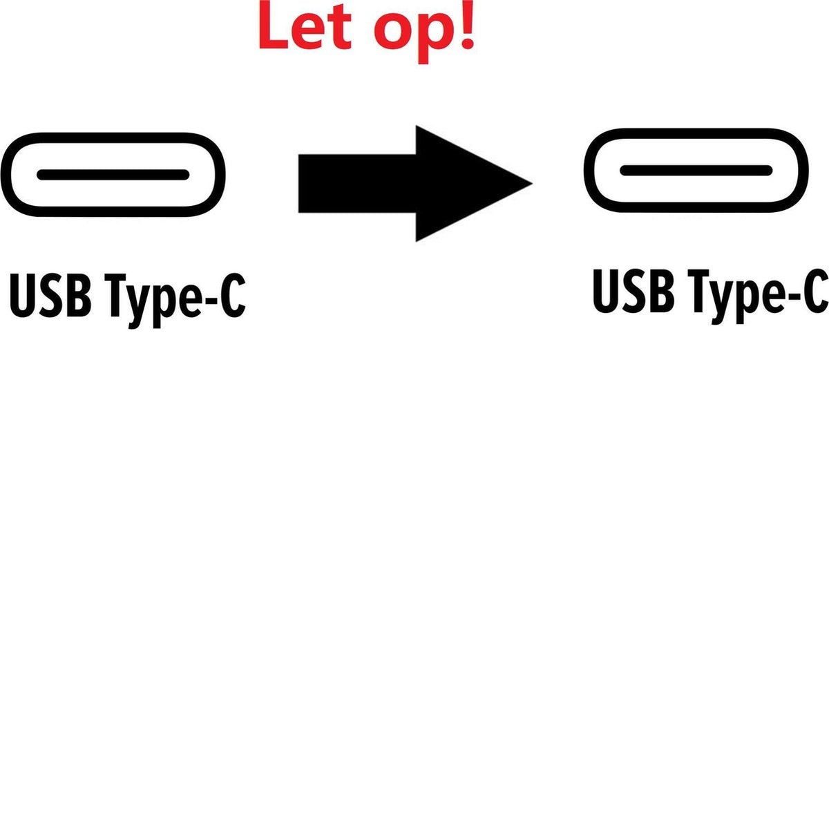 Afbeelding toont twee USB Type-C connectoren verbonden door een pijl. De tekst 'Let op!' staat bovenaan. De achtergrond is wit.