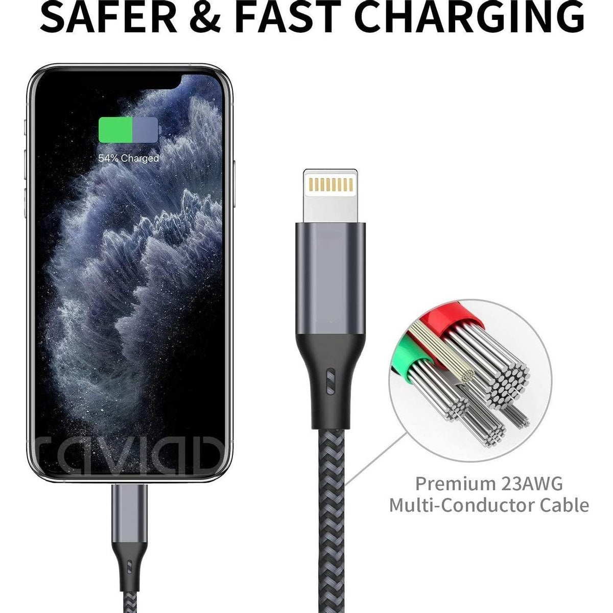 Een iPhone die oplaadt met een kabel. De telefoon toont 54% opgeladen. Een kabel toont een doorsnede met rode en groene draden.