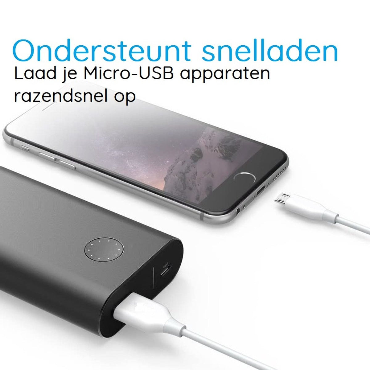 A black power bank with a connected white cable, a smartphone, and a white cable unplugged. Text in Dutch.