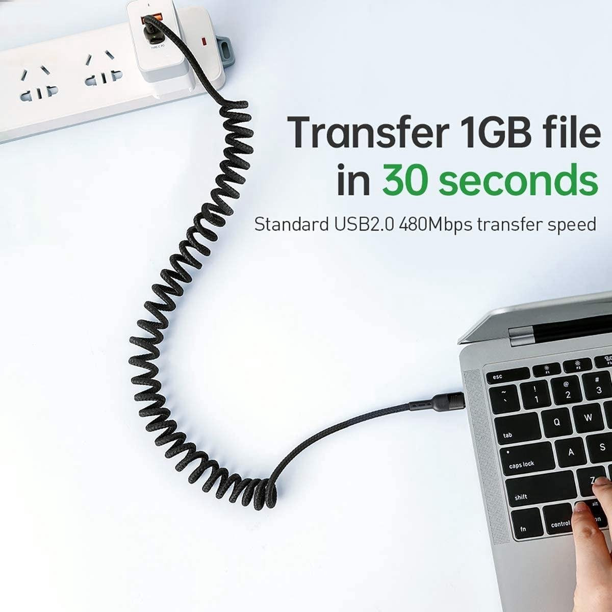 Black USB cable connected to a laptop and power strip. Text says file transfer in 30 seconds. White background.