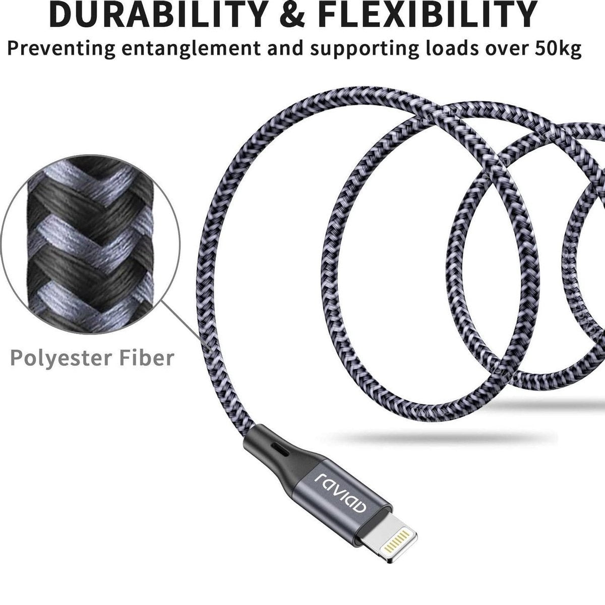 Zwart-grijze gevlochten kabel met connector. Tekst zegt 'DURABILITY & FLEXIBILITY' en 'Polyestervezel'.
