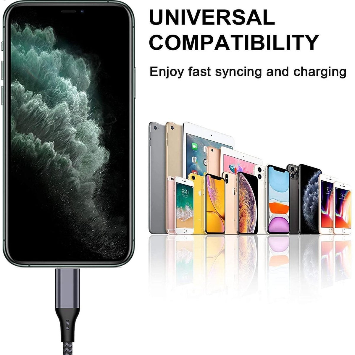 Een telefoon is verbonden met een USB-C-kabel. Meerdere telefoons en tablets zijn op een rij gezet. Tekst: Universele compatibiliteit, Geniet van snel synchroniseren en opladen.