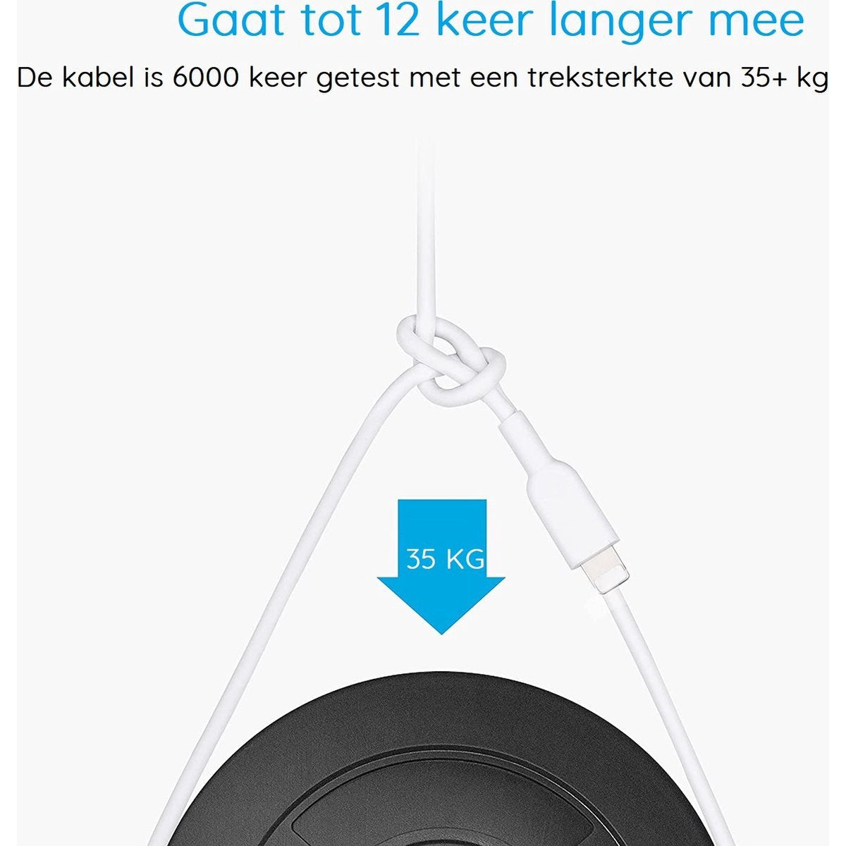 Een witte kabel met een knoop, een blauwe pijl die 35 KG aangeeft en een zwart object onderaan. Tekst zegt dat de kabel 6000 keer is getest.