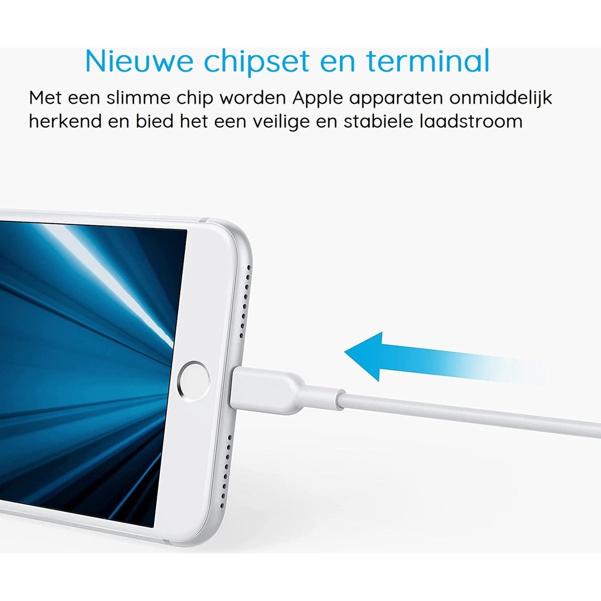 Een witte smartphone met een oplaadkabel. Een blauwe pijl wijst naar de telefoon. Tekst in het Nederlands.