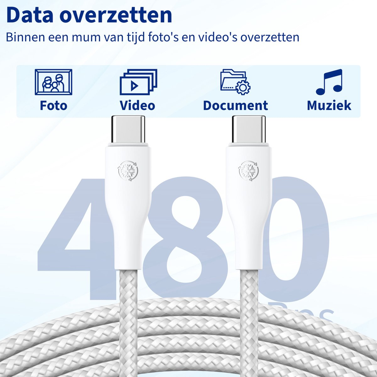 White cables with connectors, icons for photo, video, document, and music transfer, and the number 480, all on a blue gradient background.