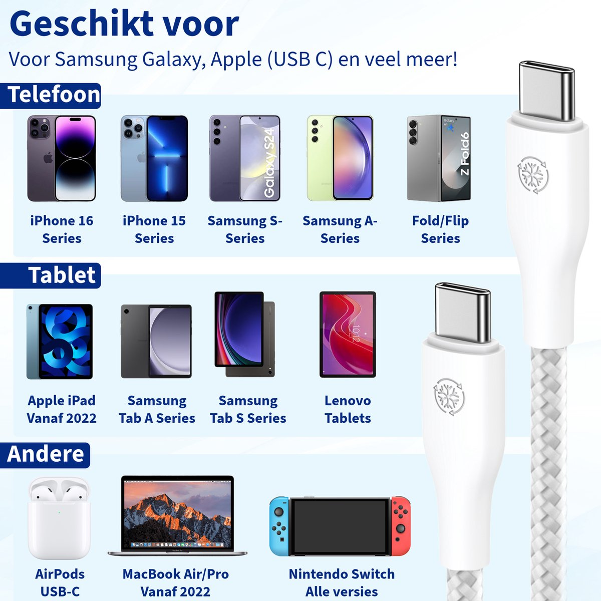 Image shows phones, tablets, and accessories compatible with a USB-C cable, including iPhones, Samsung devices, and a MacBook.