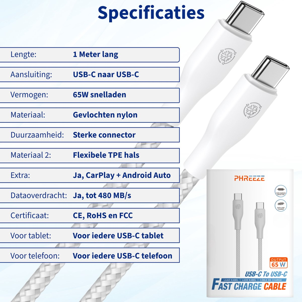 White USB-C cable with a gray braided cord, specifications table on the left, and product packaging on the right.
