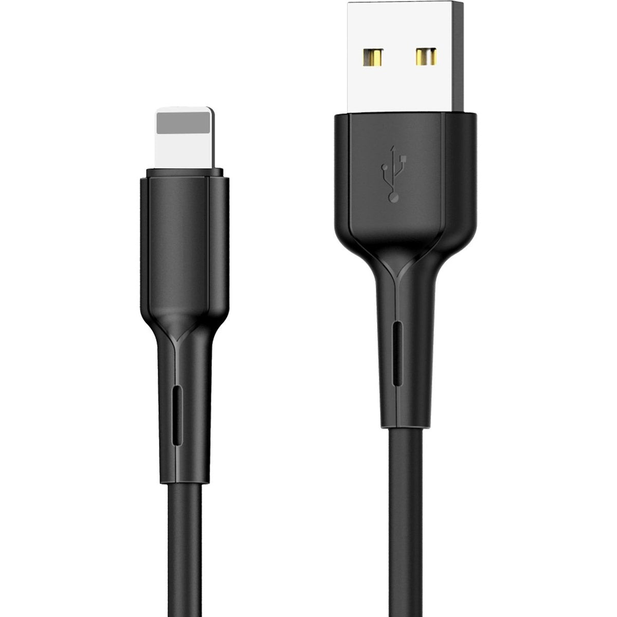 Een zwarte USB-oplaadkabel met twee uiteinden: één voor de telefoon en één voor de USB-poort.