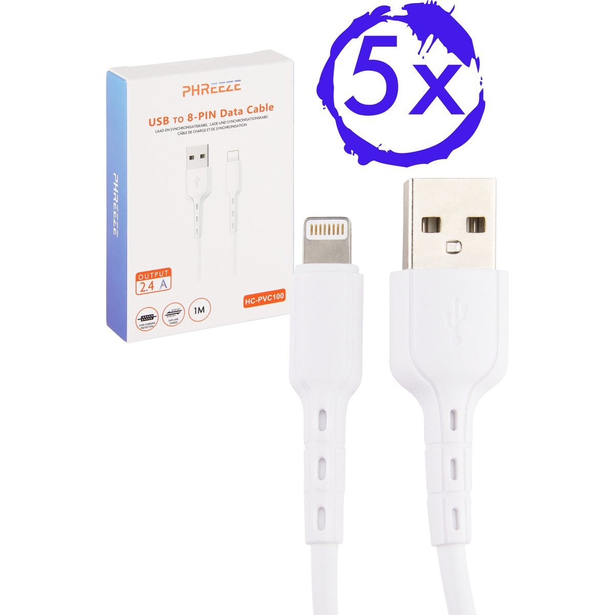 Witte USB naar 8-pins datakabel met verpakking. Op de doos staat PHREEZE, 2.4A output en 1M. Een blauwe 5x cirkel staat rechts.