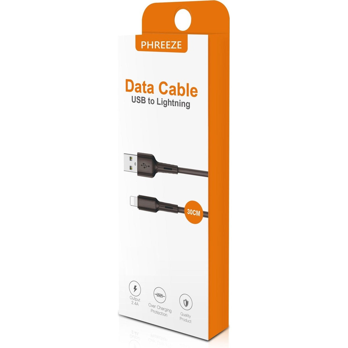 Een datakabelpakket. De verpakking is wit en oranje. Een USB naar Lightning-kabel wordt weergegeven. Tekst: Datakabel USB naar Lightning.