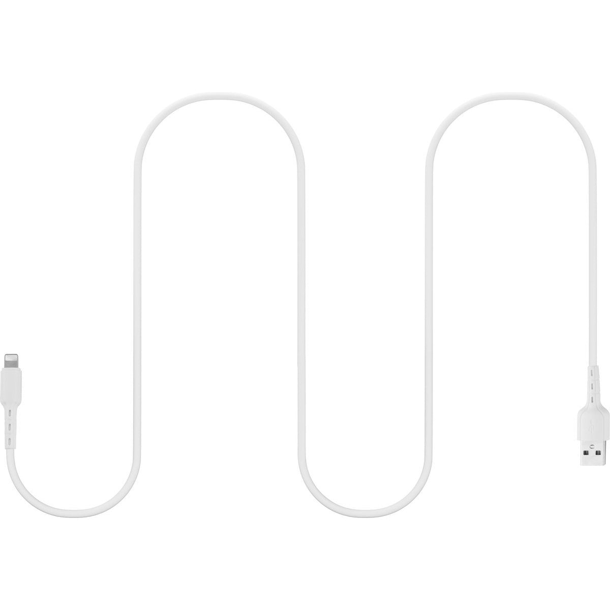 Een witte oplaadkabel met een Lightning-connector aan het ene uiteinde en een USB-connector aan het andere, in een U-vorm.