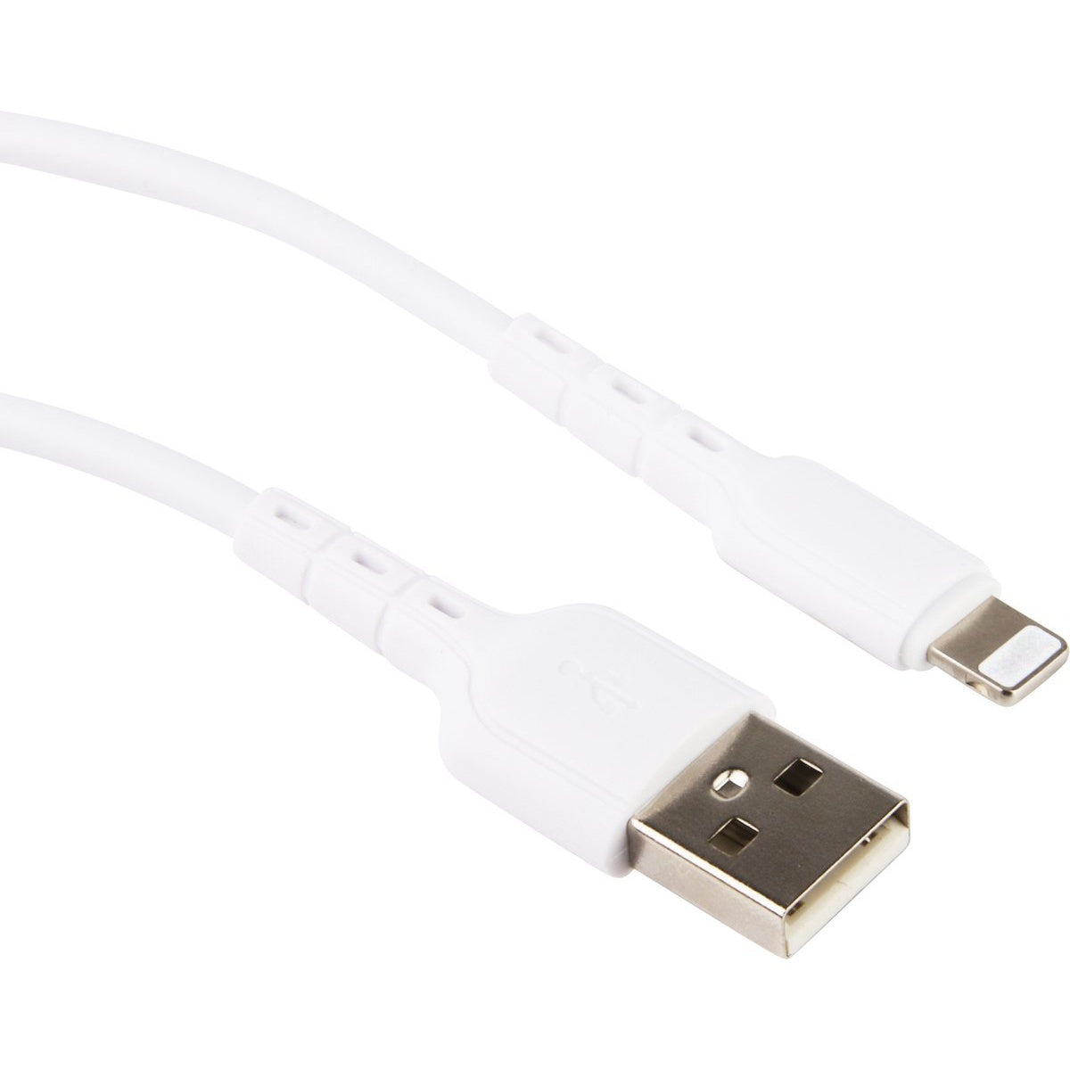 Een witte USB naar Lightning-kabel wordt getoond. Het USB-uiteinde is zilverkleurig en het Lightning-uiteinde is ook zilverkleurig. Beide uiteinden zijn wit.