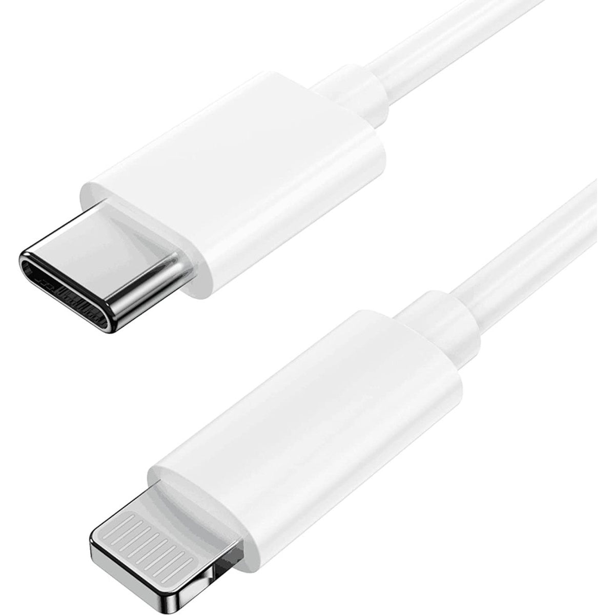 Witte USB-C naar Lightning kabel. De USB-C connector zit boven, Lightning onder. Beide zijn zilver en wit.