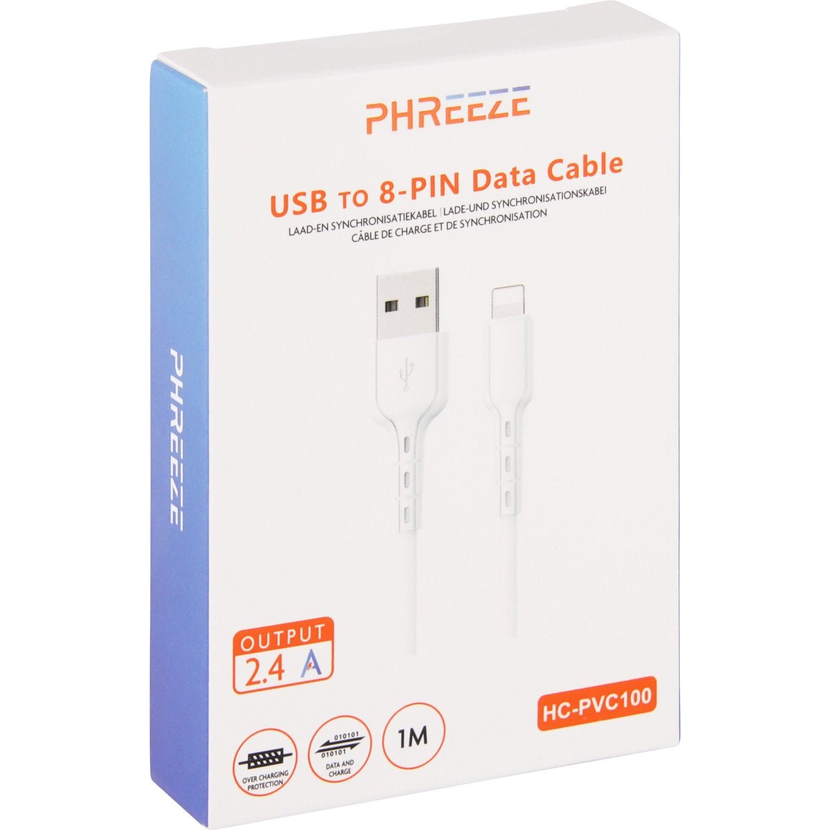 Een witte USB naar 8-pins datakabel in een doos. Tekst: PHREEZE, USB naar 8-PINS datakabel, 2.4A Output. Andere teksten en symbolen zijn ook aanwezig.
