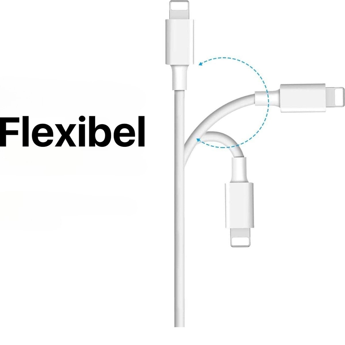 Witte flexibele oplaadkabel met drie connectoren. Het woord "Flexibel" staat in het zwart links.
