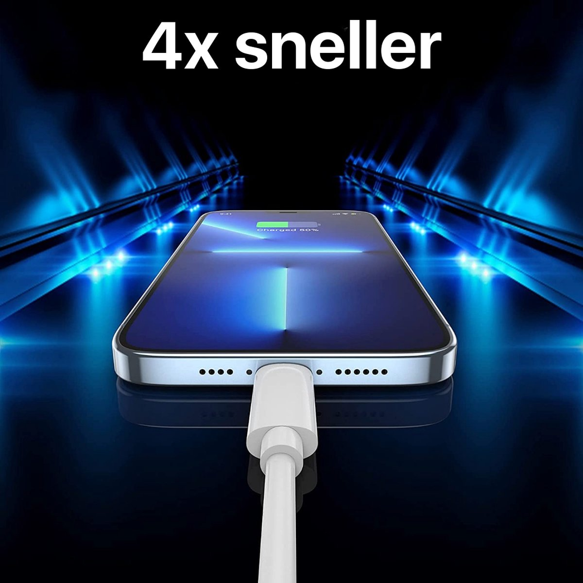 Een smartphone die oplaadt met een witte kabel. Het scherm toont 80% opladen. Boven staat de tekst '4x sneller'.