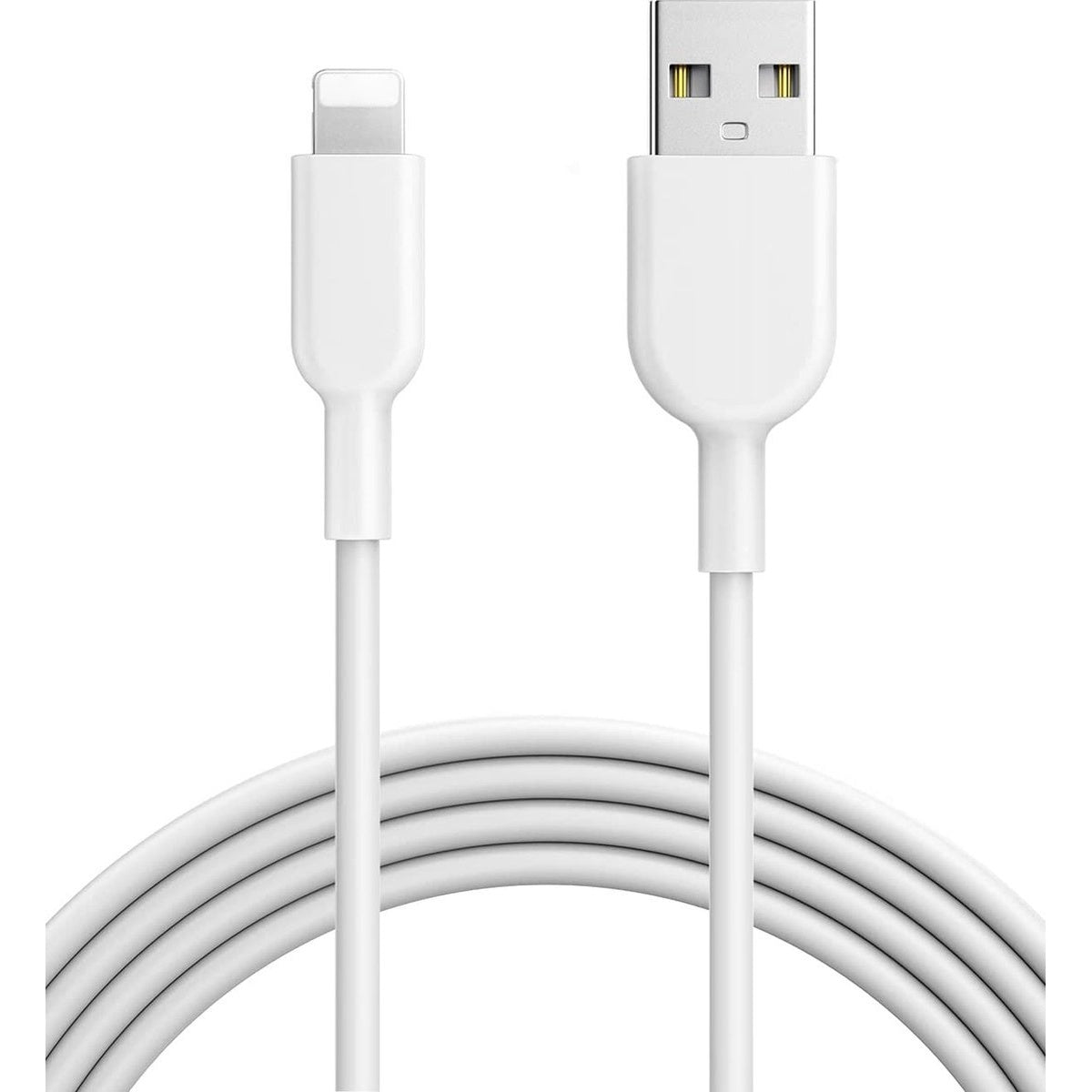 Een witte oplaadkabel. Eén uiteinde is USB, de andere een Lightning-connector. De kabel is onderaan opgerold.