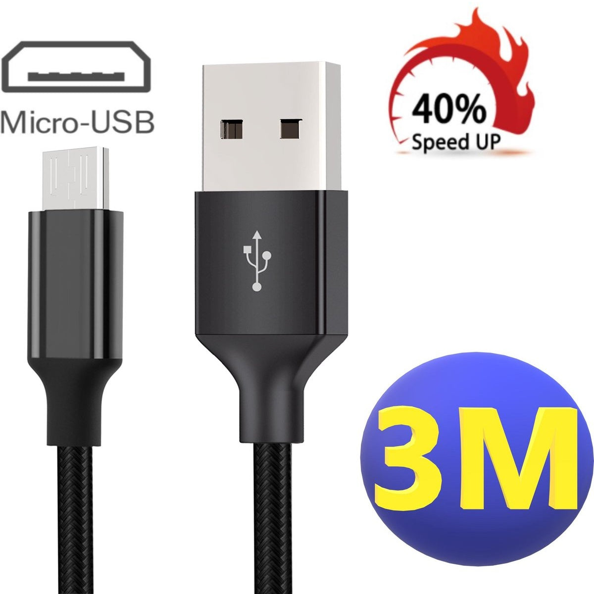 Een USB-kabel met een micro-USB-connector en een standaard USB-connector. Er is een logo van 40% speed up en een 3M-logo.