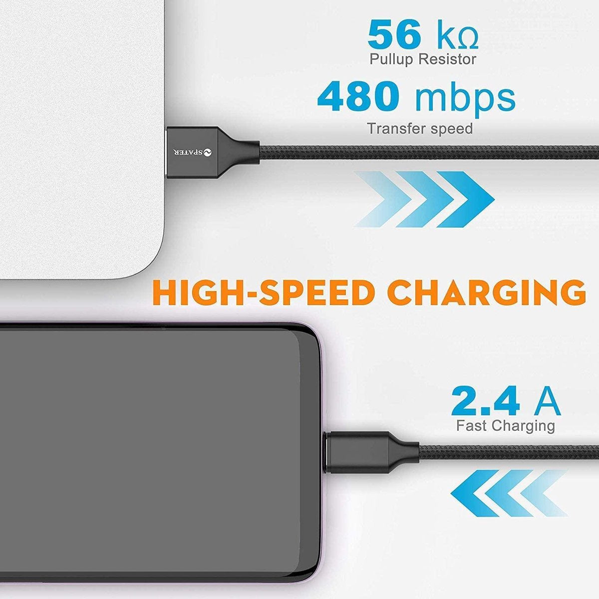 Een telefoon en een wit apparaat zijn verbonden door een zwarte kabel. Tekst toont snelheid, opladen en weerstandinformatie.