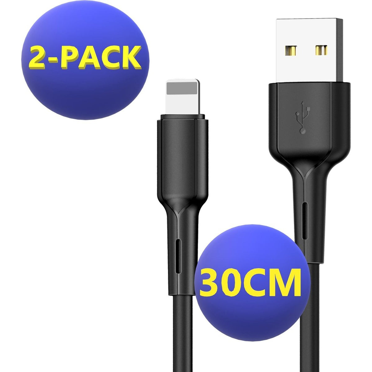 Two black charging cables, 30cm long, with USB and lightning connectors. Blue circles indicate 2-pack and 30cm.
