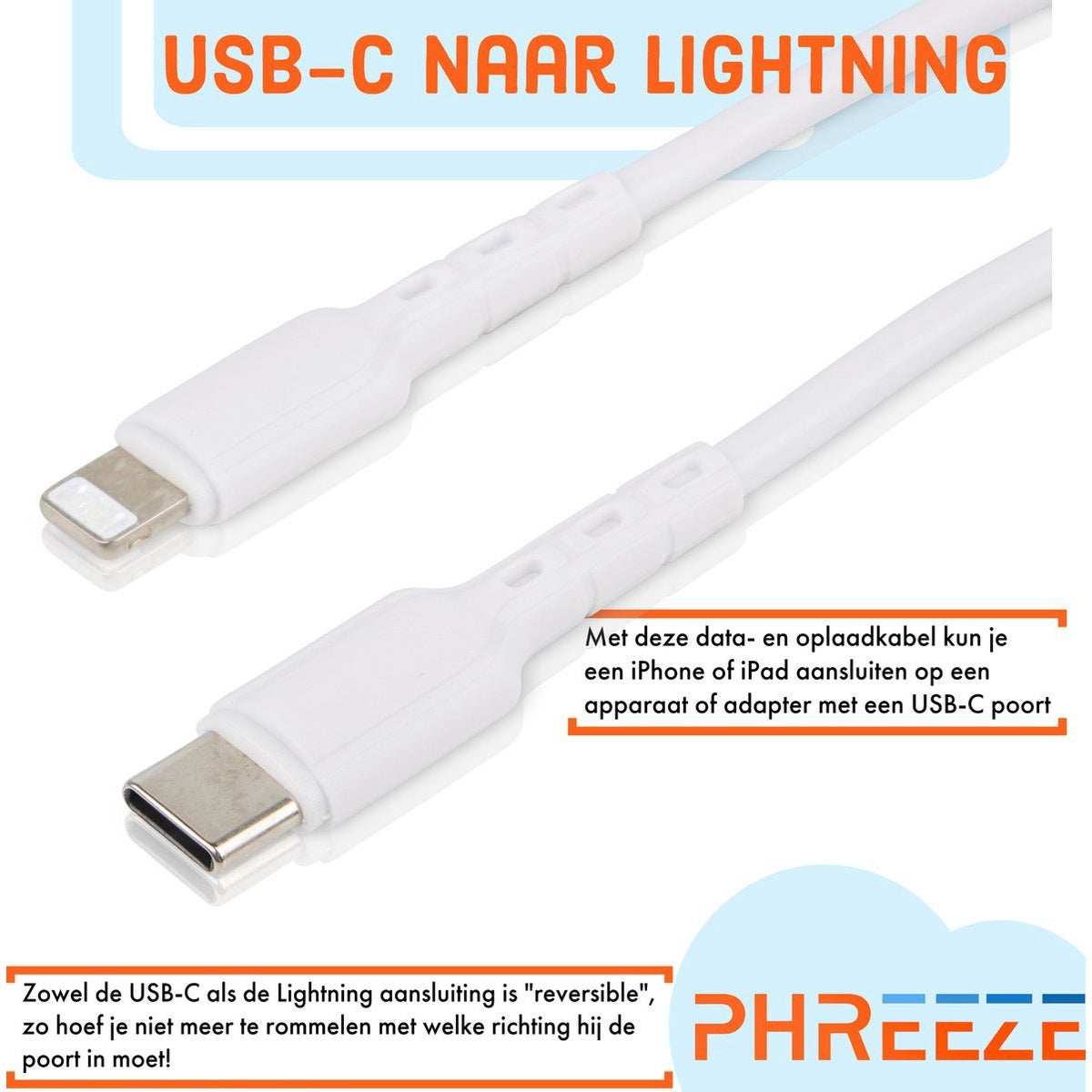 Witte USB-C naar Lightning kabel. De afbeelding toont beide uiteinden, met USB-C en Lightning connectoren.