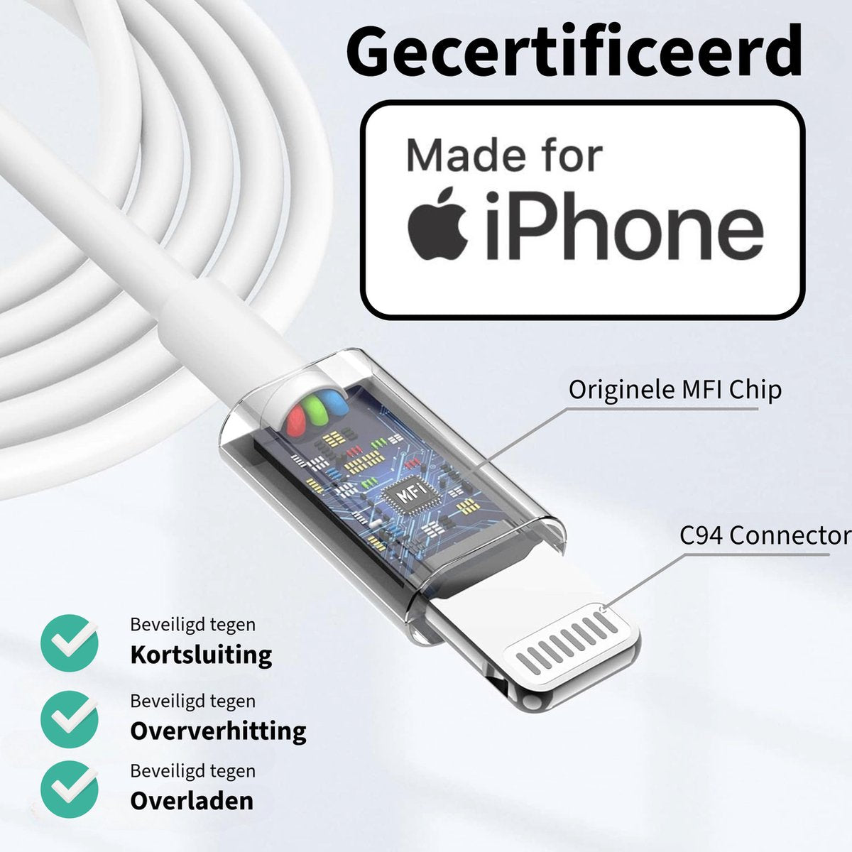 Witte iPhone oplaadkabel met transparante connector die interne componenten toont. Tekst: 'Made for iPhone' en veiligheid.