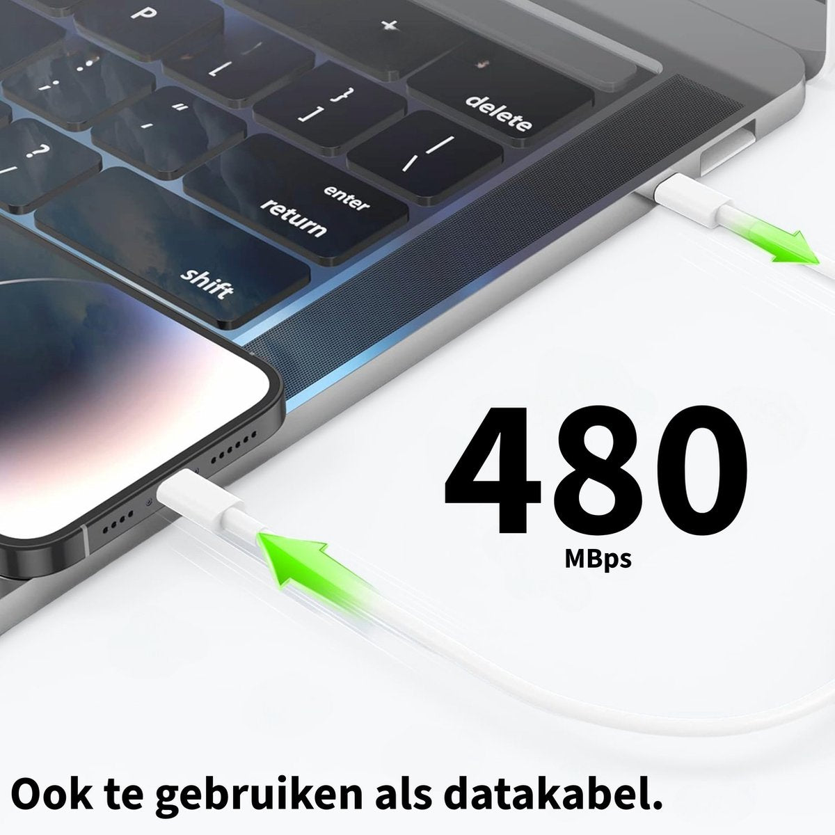 Een telefoon en een laptop verbonden via een witte kabel. De afbeelding toont het nummer 480 en de tekst 'Mbps'. De tekst 'Ook te gebruiken als datakabel' is aanwezig.