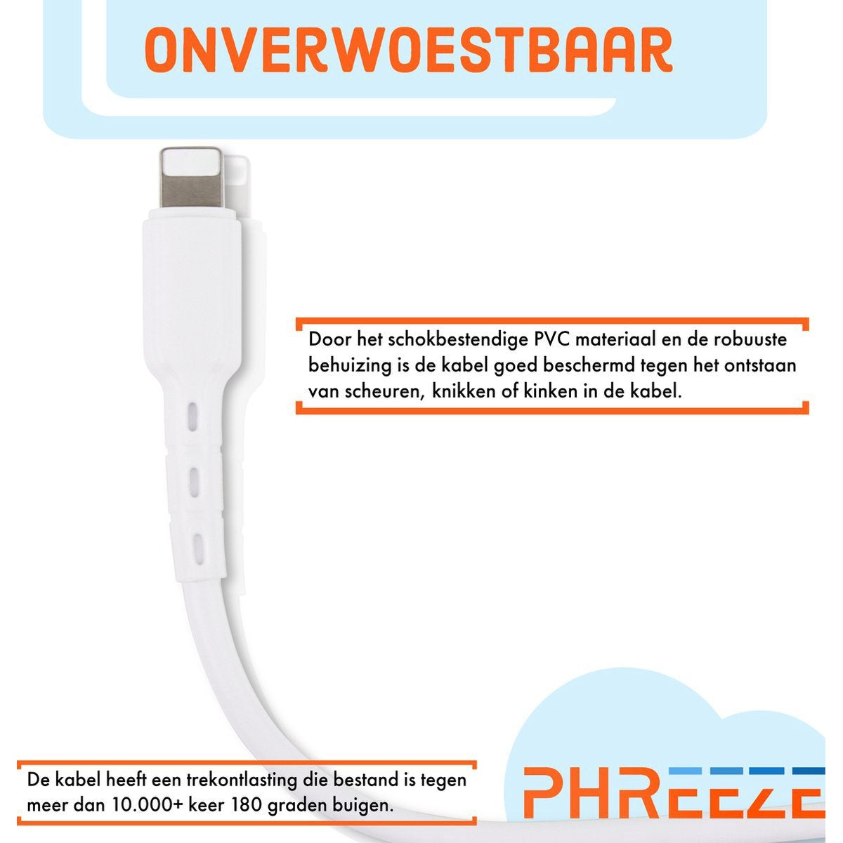 Een witte oplaadkabel met Lightning-connector. Tekst geeft duurzaamheid en buigweerstand aan.