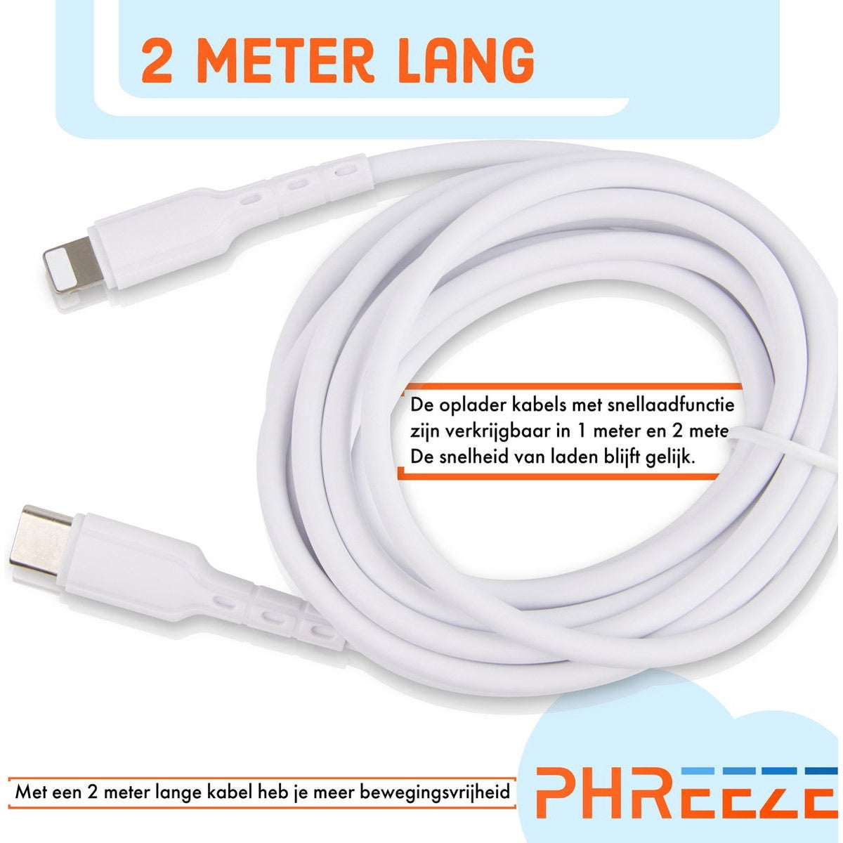 Witte oplaadkabel met twee uiteinden, in lussen. De tekst zegt '2 meter lang' en beschrijft snel opladen. Merknaam 'PHREEZE' zichtbaar.