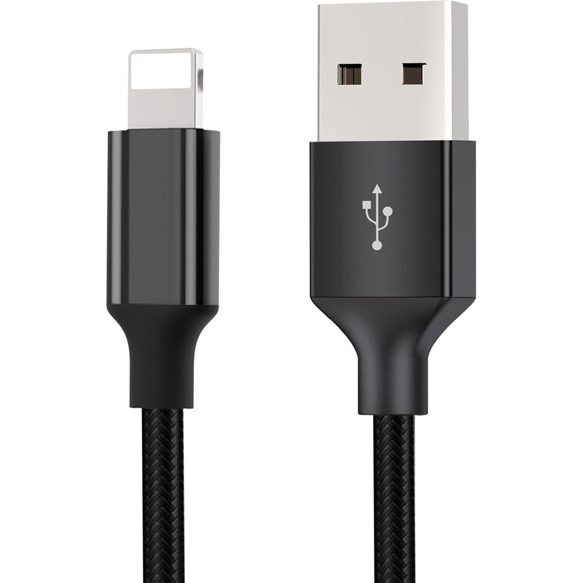 Zwarte USB-kabel met Lightning-connector en USB-A-connector. Beide connectoren hebben zwarte behuizingen en getextureerde kabels.