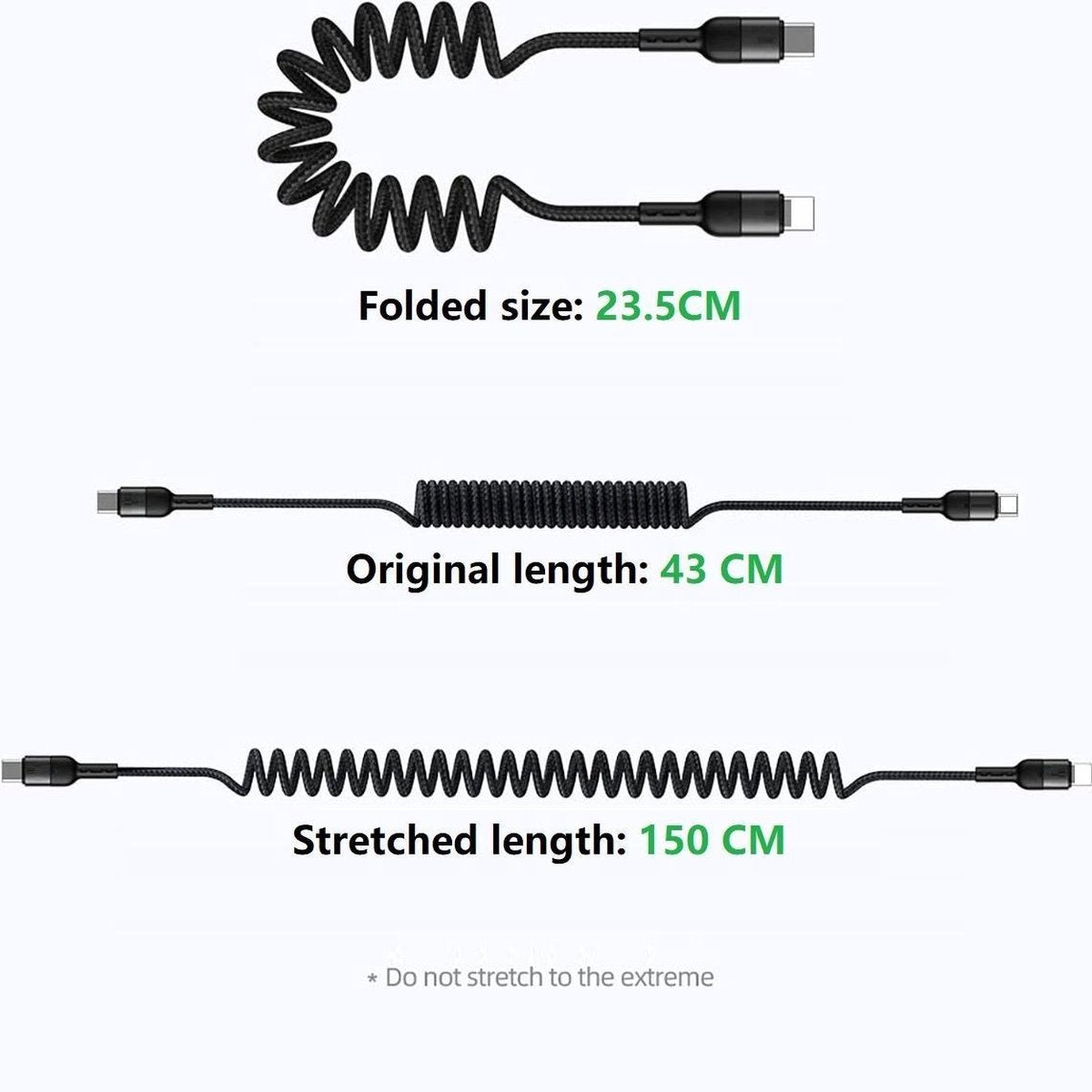Black coiled USB-C cable. Folded size 23.5 cm, original length 43 cm, stretched 150 cm. Text: Do not stretch to the extreme.