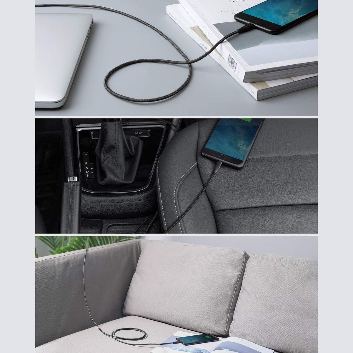 A black phone charging in three different settings: on books, in a car, and on a couch. A black charging cable is connected.