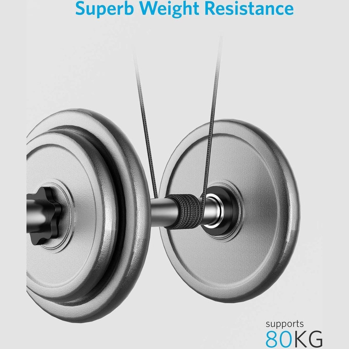 Image shows a dumbbell with a rope. Text at the top says 'Superb Weight Resistance'. Bottom text is 'supports 80KG'.