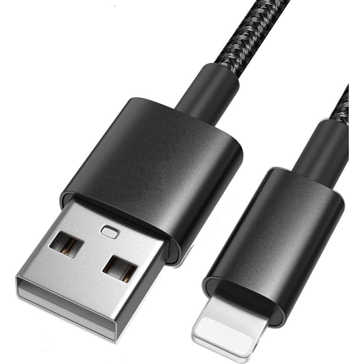 A black USB charging cable with a USB-A connector and a lightning connector. The cable is black and braided.