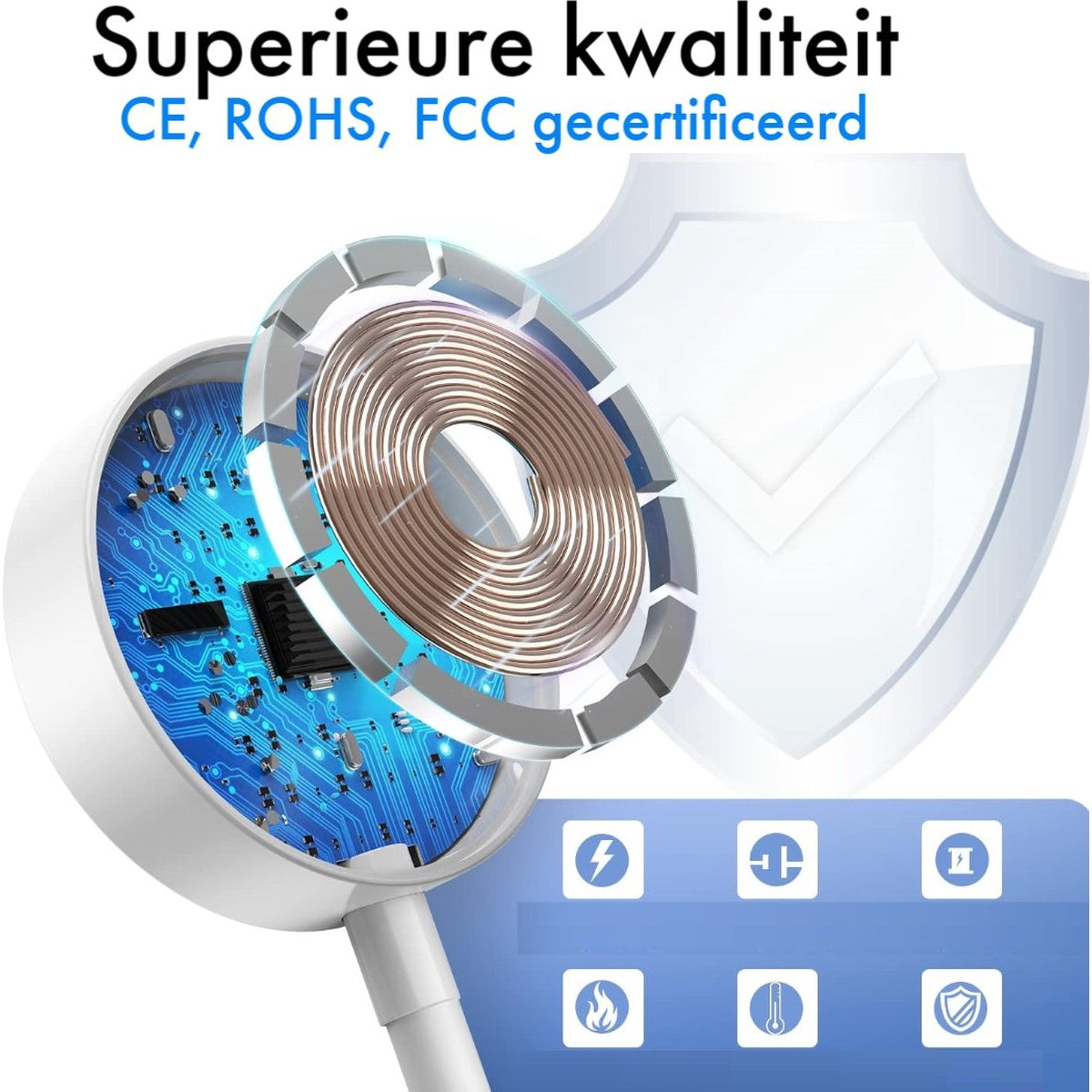 Afbeelding toont een witte draadloze oplader met een koperen spoel, blauwe printplaat en iconen. Tekst zegt 'Superieure kwaliteit'.