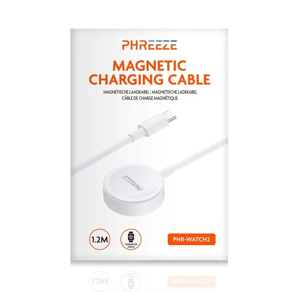 White magnetic charging cable for iWatch on a white background. The box has the brand name and product info.