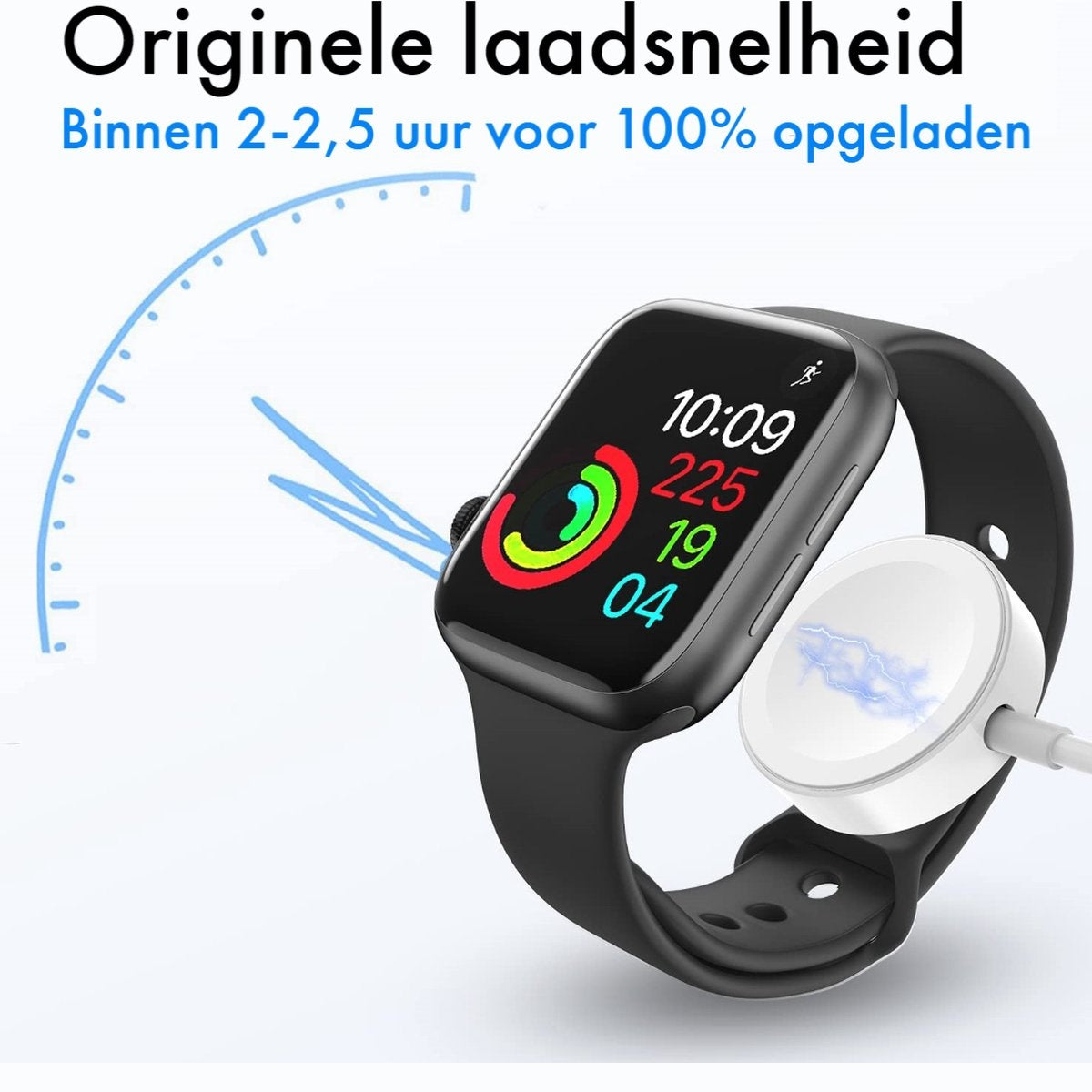 Black smartwatch on charger. Display shows time and activity rings. Text above says 'Original charging speed'.